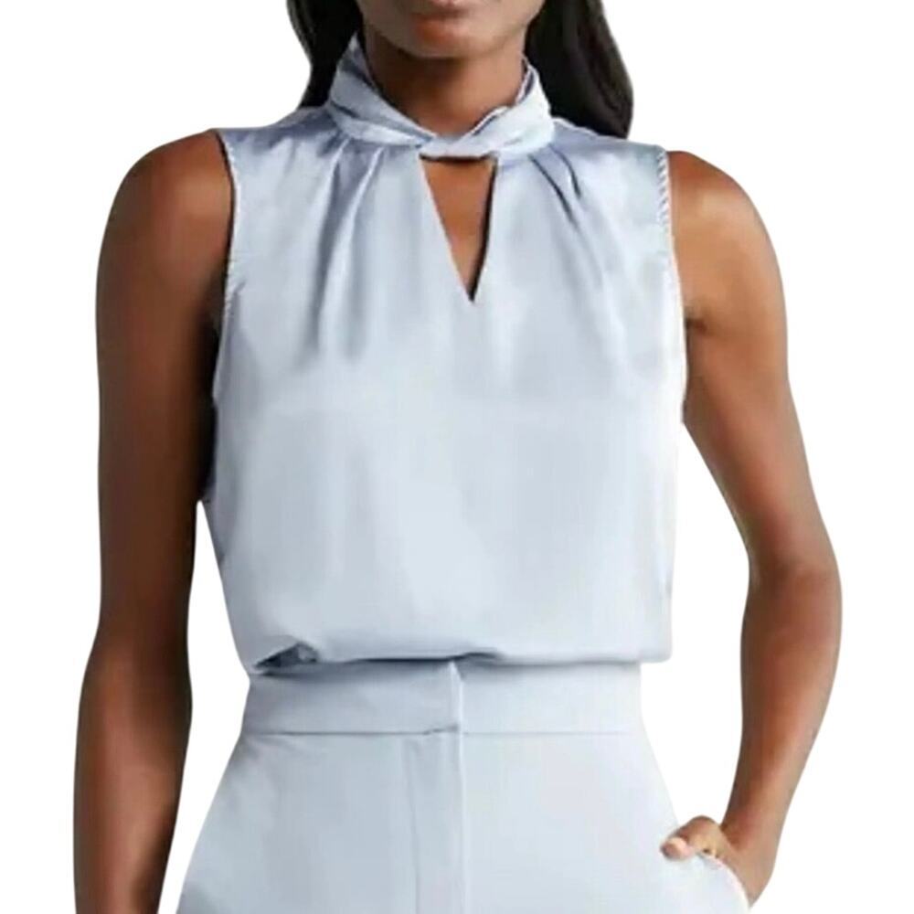 Halogen Twist Neck Sleeveless Satin Career Blouse Top Light Blue Women's XL NWOT